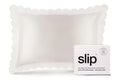 A white pure silk slip queen pillowcase with scalloped edge and invisible zipper closure, displayed with the brand packaging on white background.