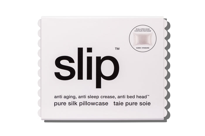 A white pure silk slip queen packaging on white background.