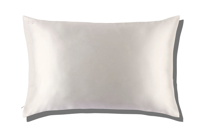 A white slip silk queen pillowcase on a white background.