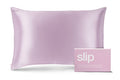 A lilac slip silk queen pillowcase with branded packaging on a white background.