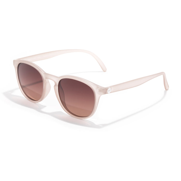 Sunglasses with beige frame and brown lenses on a white background